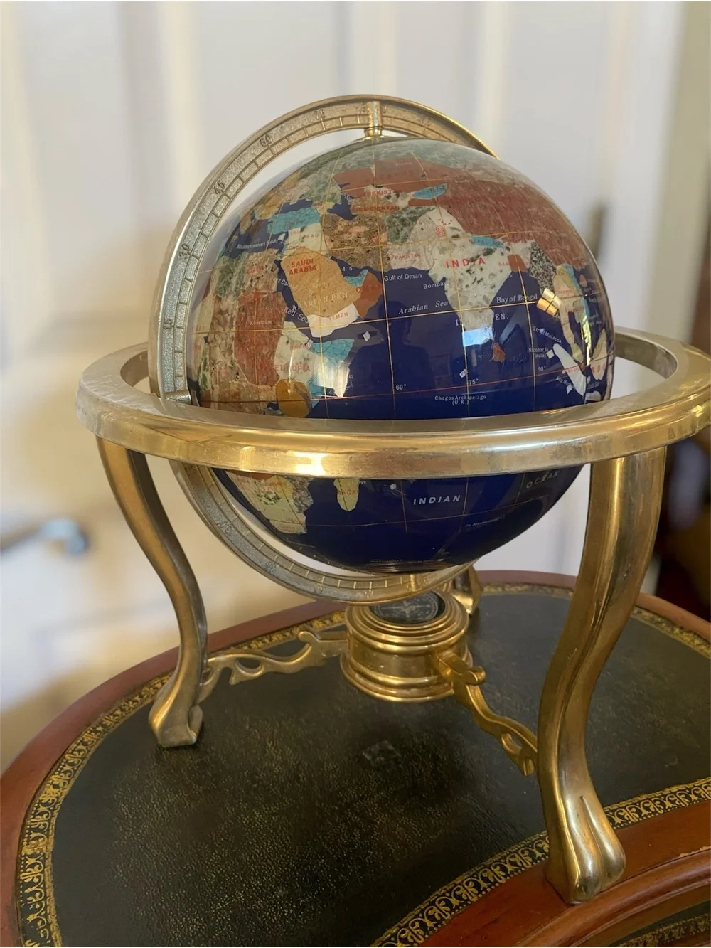 Lapis Gemstone Glob Compassion Decorative Globe W/Brass Tripod Base